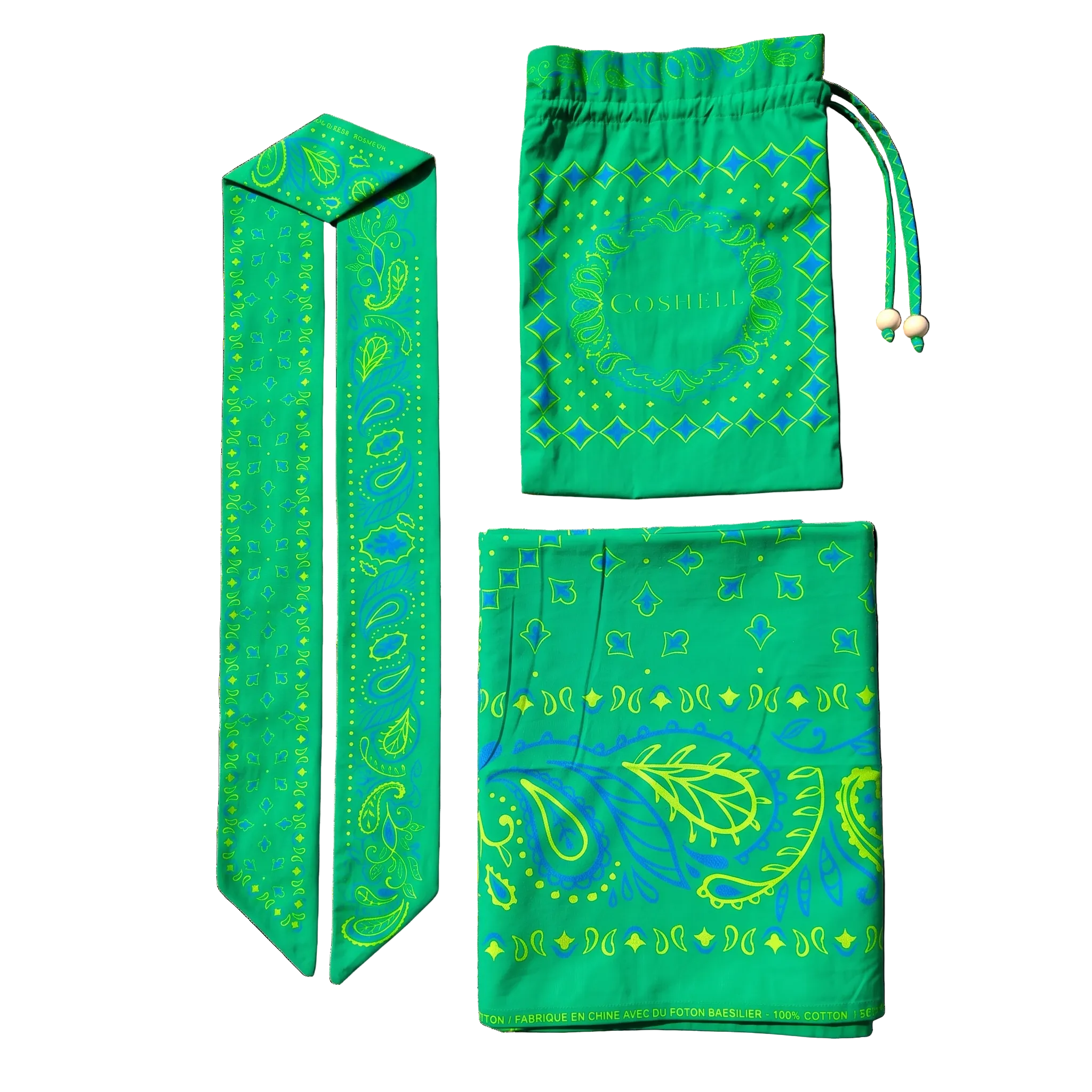 Coshell Body Bandana set in Harbor green - Sarong, Twilly scarf, drawstring bag laid flat