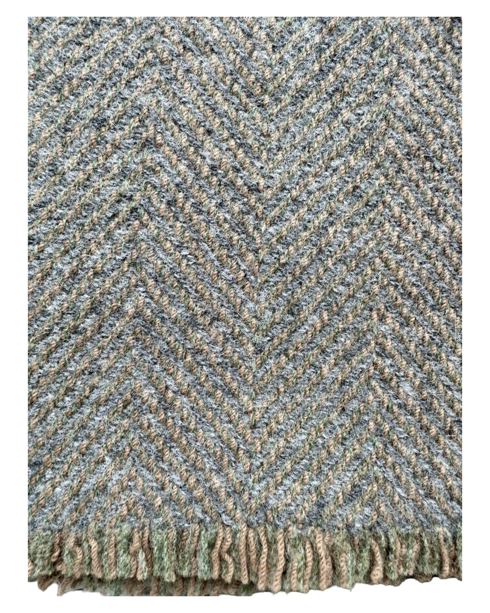 A close-up of woven wool textile with a herringbone pattern in muted blue-gray, beige, and olive tones, finished with a fringed edge.