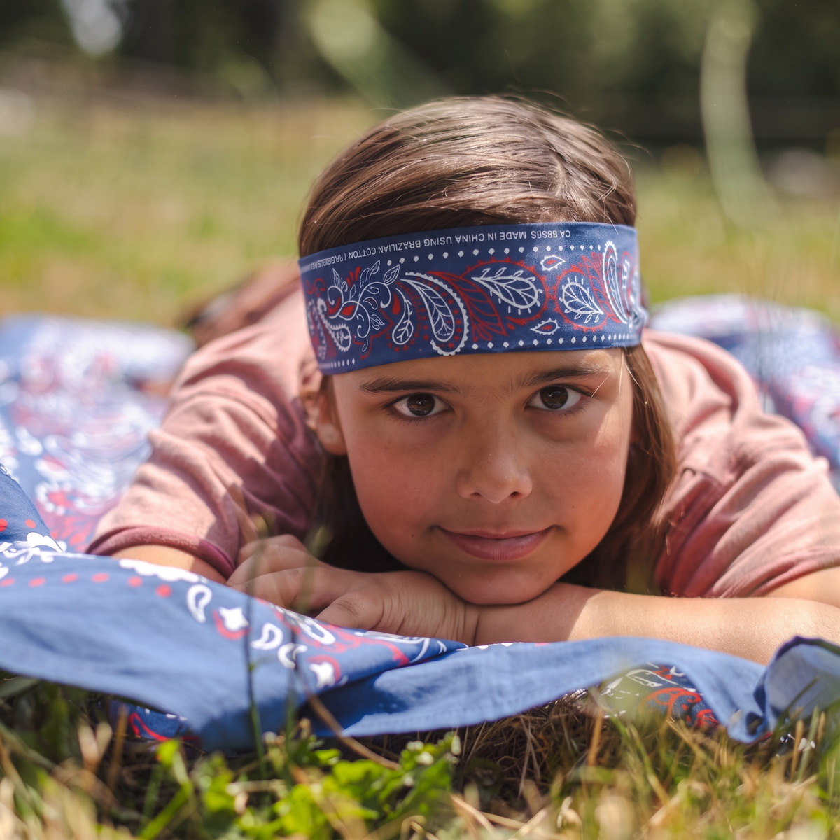 A young boy lying on grass outdoors wearing a blue paisley bandana headband and a matching blue bandana spread across the ground.