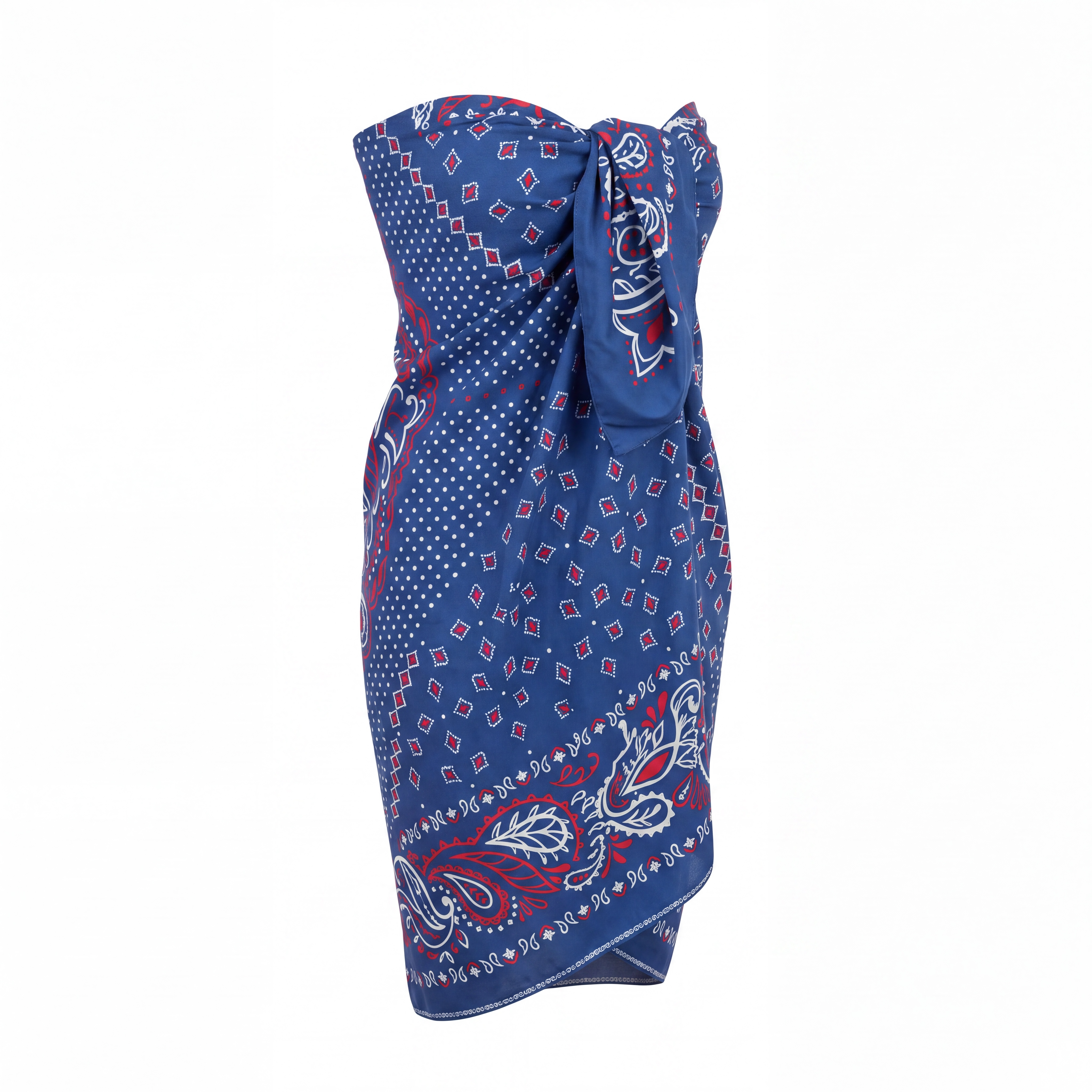 A blue paisley patterned sarong scarf wrapped and tied at the top.