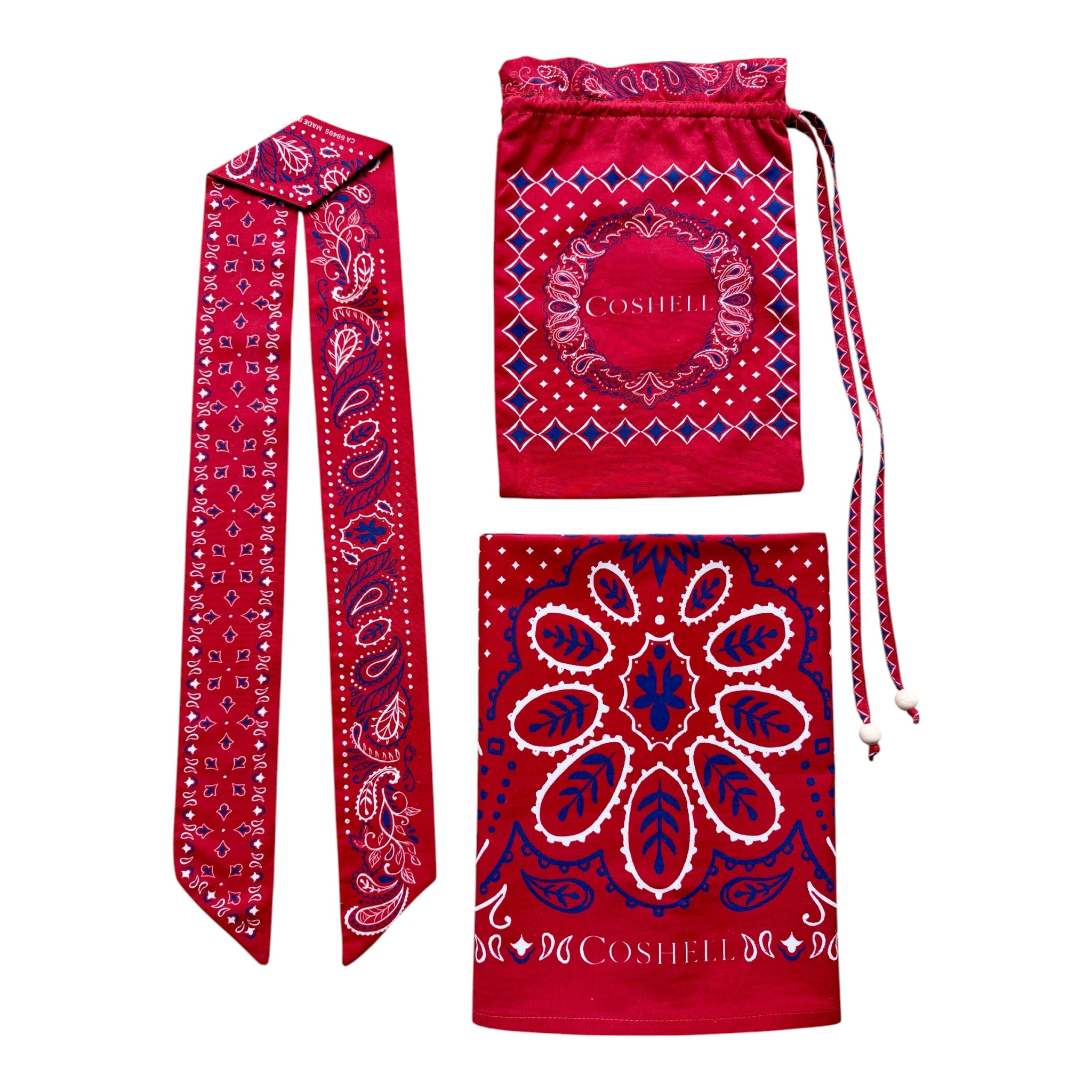 Coshell Body Bandana set in Cardinal Red - Sarong, Twilly scarf, drawstring bag laid flat