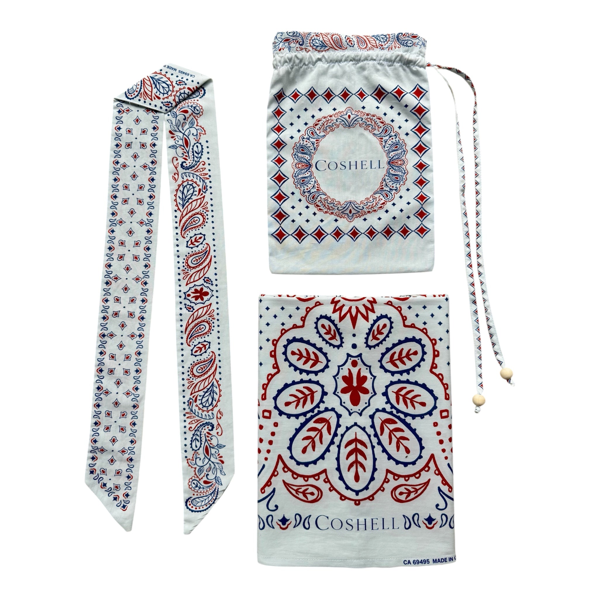 Coshell Body Bandana set in Lanyard white - Sarong, Twilly scarf, drawstring bag laid flat