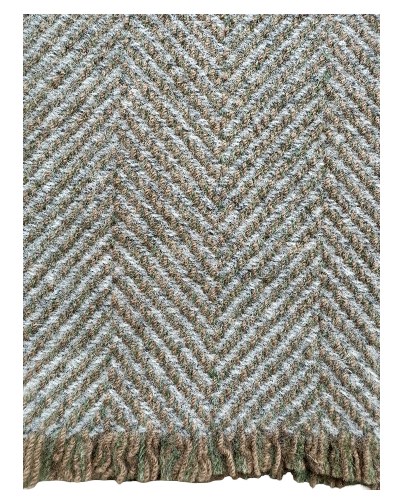 A close-up of woven wool textile with a herringbone pattern in light blue, rust brown, and olive green tones, finished with a fringed edge.